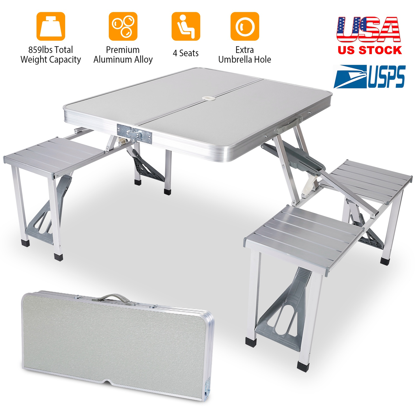 Folding Aluminum Picnic Table with 4 Seats and Umbrella Hole