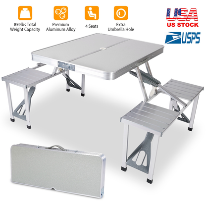 Folding Aluminum Picnic Table with 4 Seats and Umbrella Hole