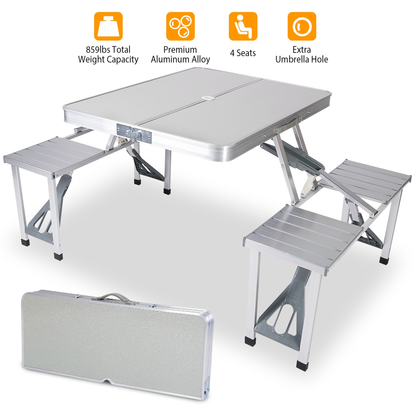 Folding Aluminum Picnic Table with 4 Seats and Umbrella Hole