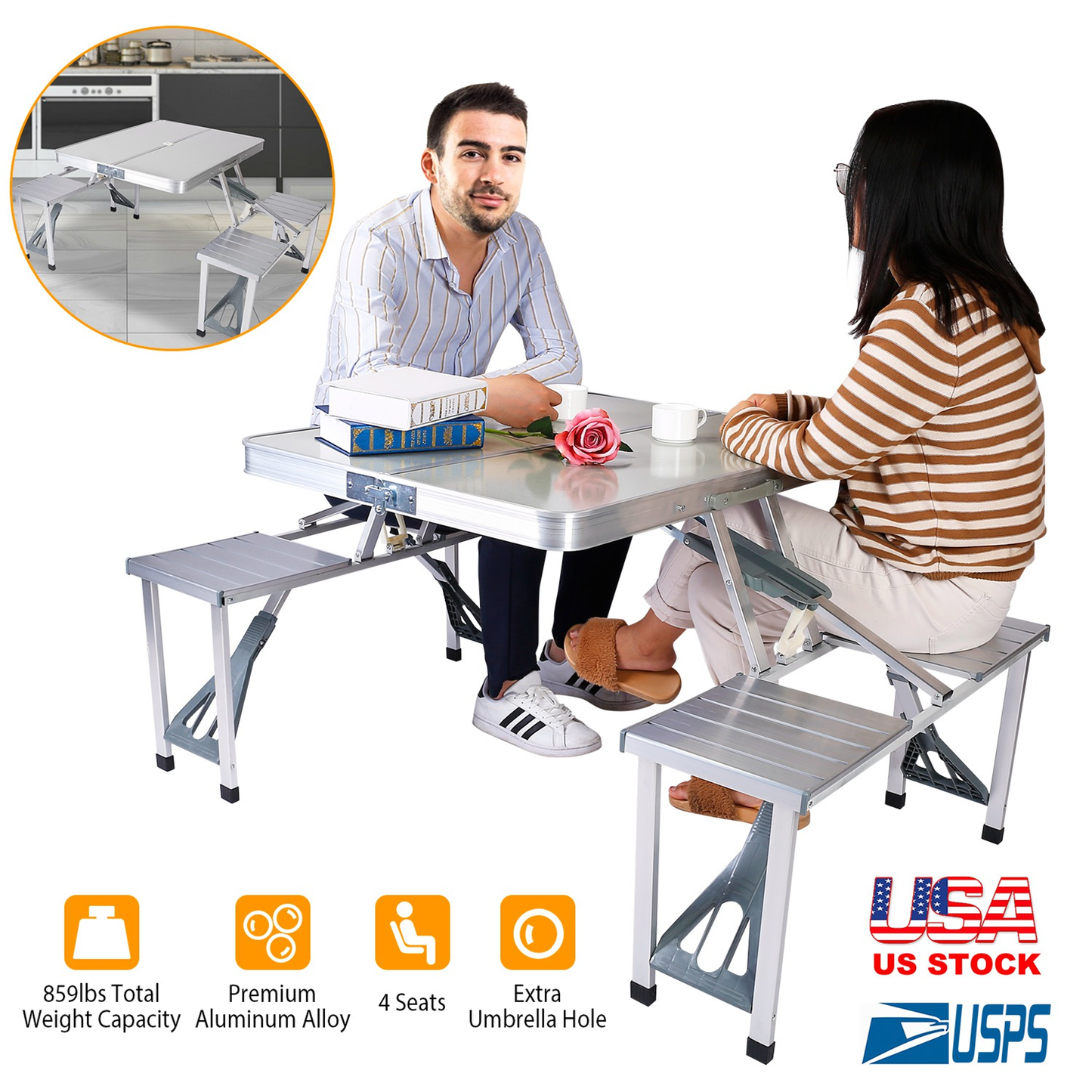 Folding Aluminum Picnic Table with 4 Seats and Umbrella Hole