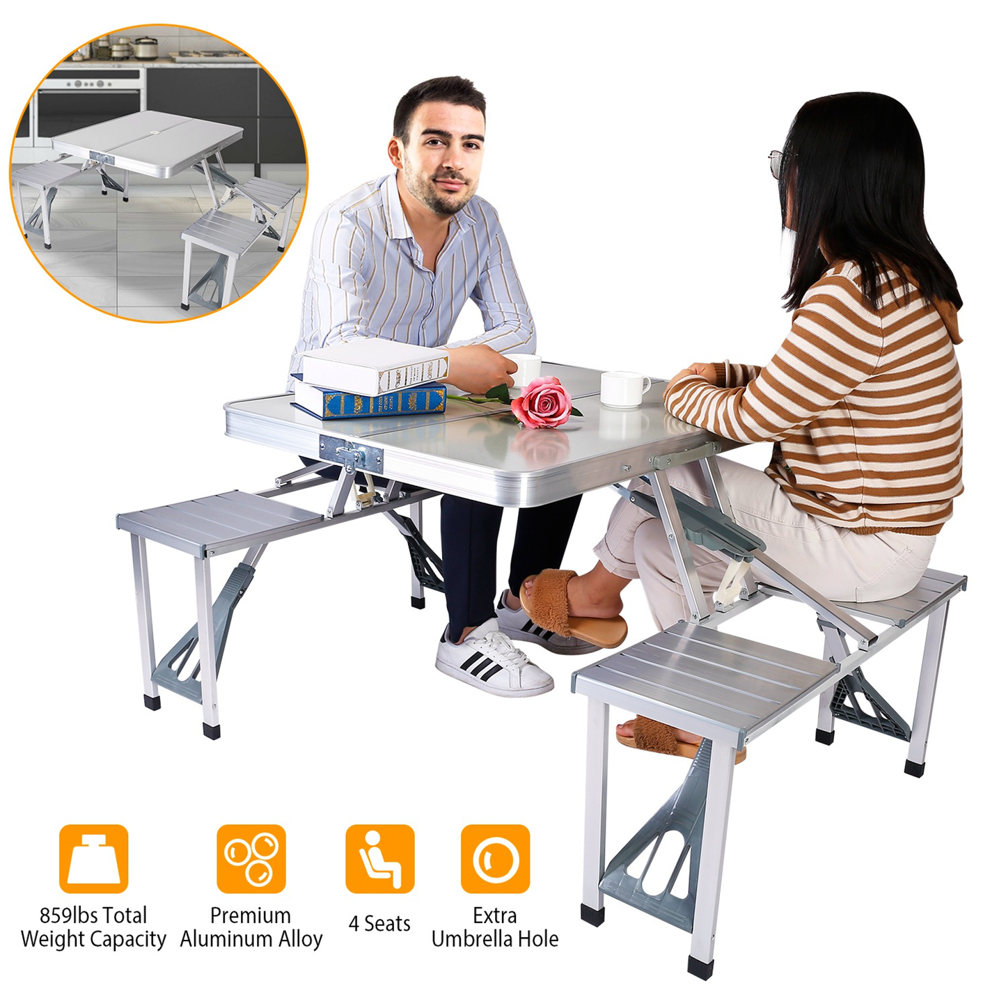 Folding Aluminum Picnic Table with 4 Seats and Umbrella Hole