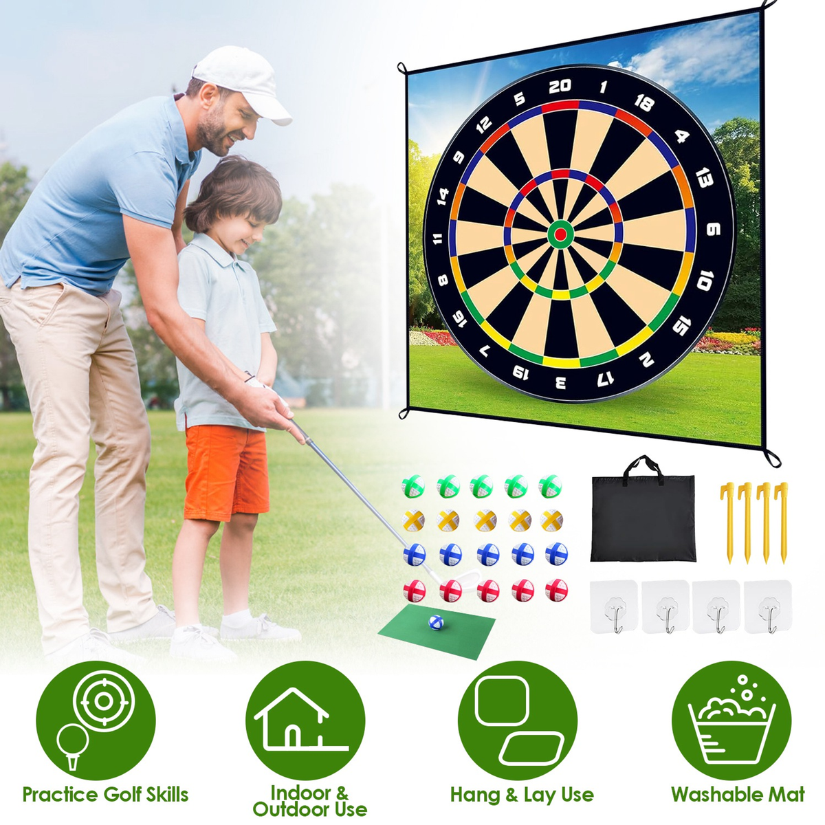 Golf Chipping and Dart Game Mat Set with Stakes