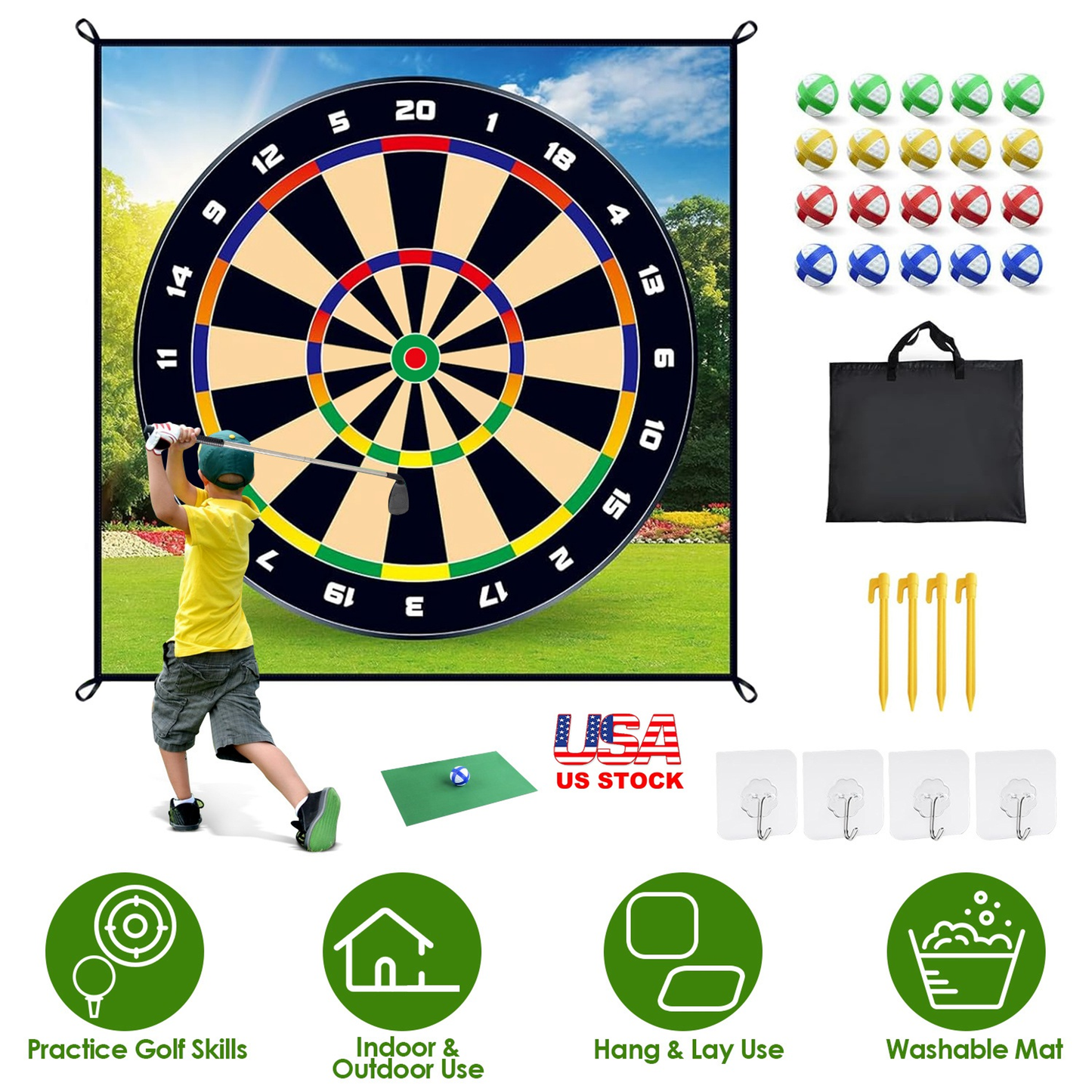 Golf Chipping and Dart Game Mat Set with Stakes
