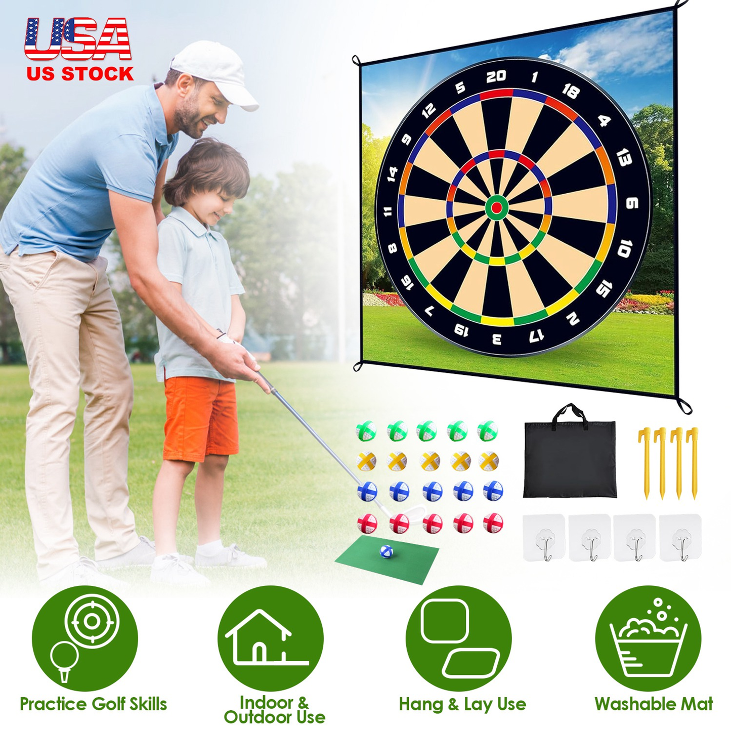 Golf Chipping and Dart Game Mat Set with Stakes