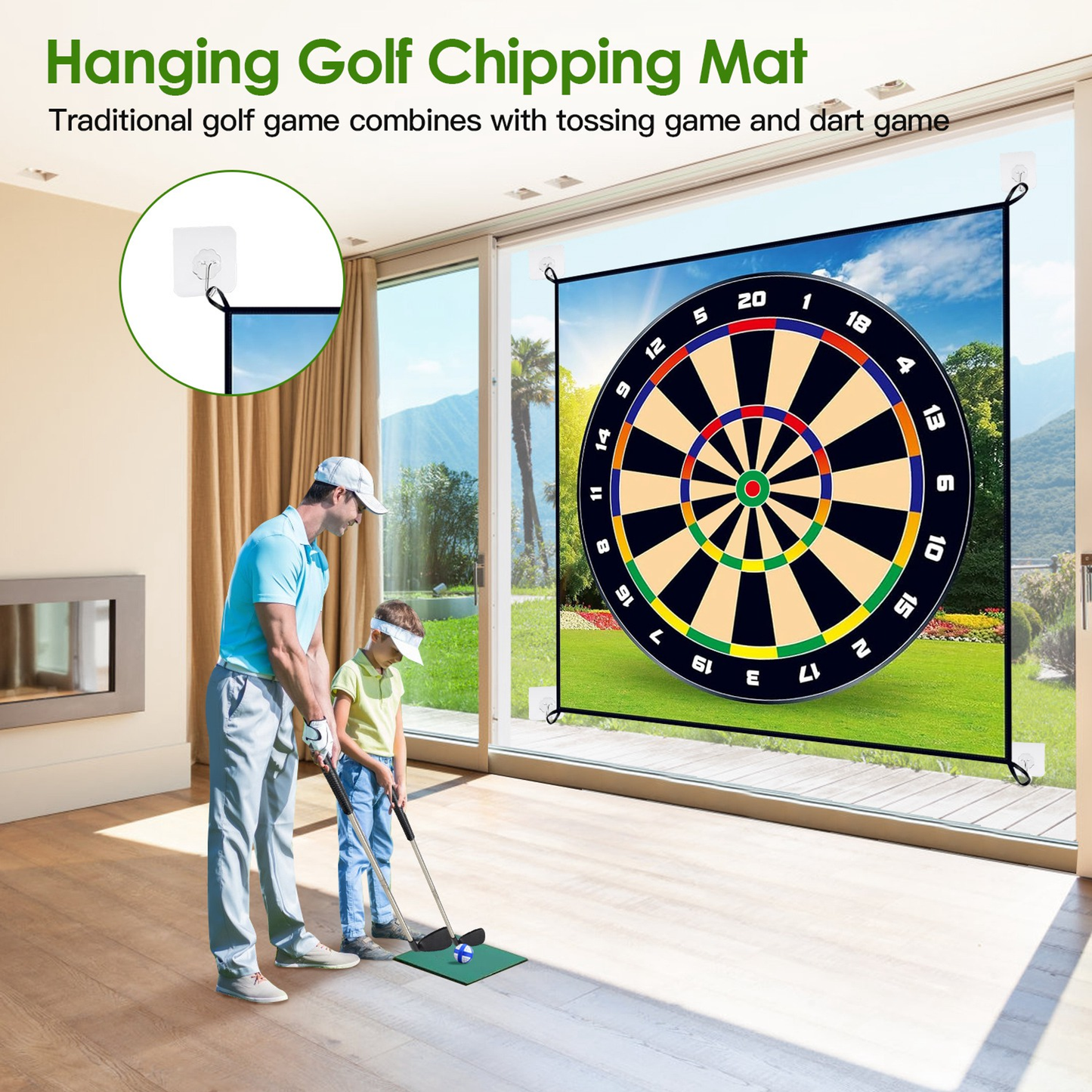 Golf Chipping and Dart Game Mat Set with Stakes