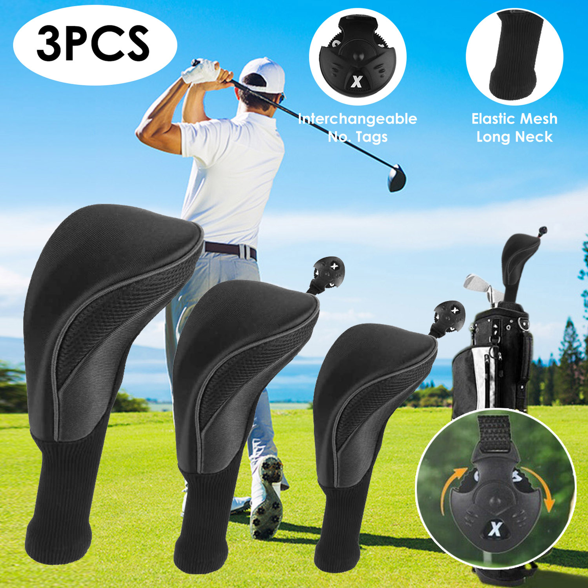 Mesh Golf Club Head Covers Set, 3-Piece with Long Neck