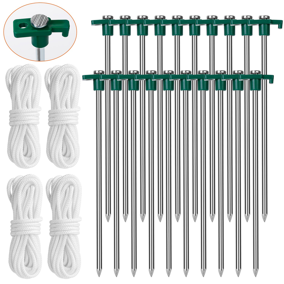 Tent Stakes and Wind Ropes Set (20 Stakes)