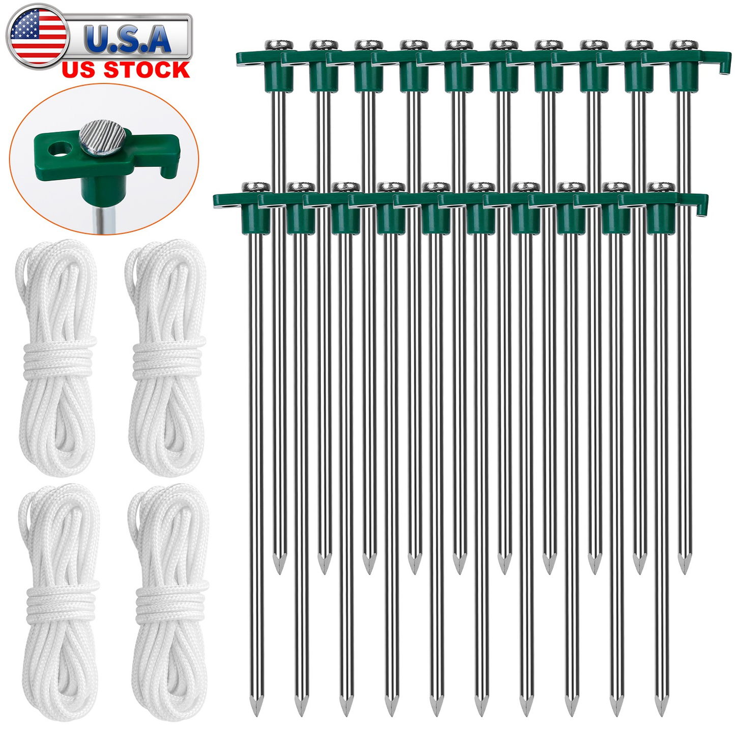 Tent Stakes and Wind Ropes Set (20 Stakes)