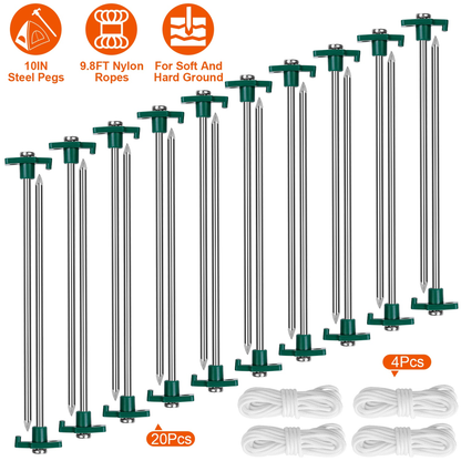 Tent Stakes and Wind Ropes Set (20 Stakes)