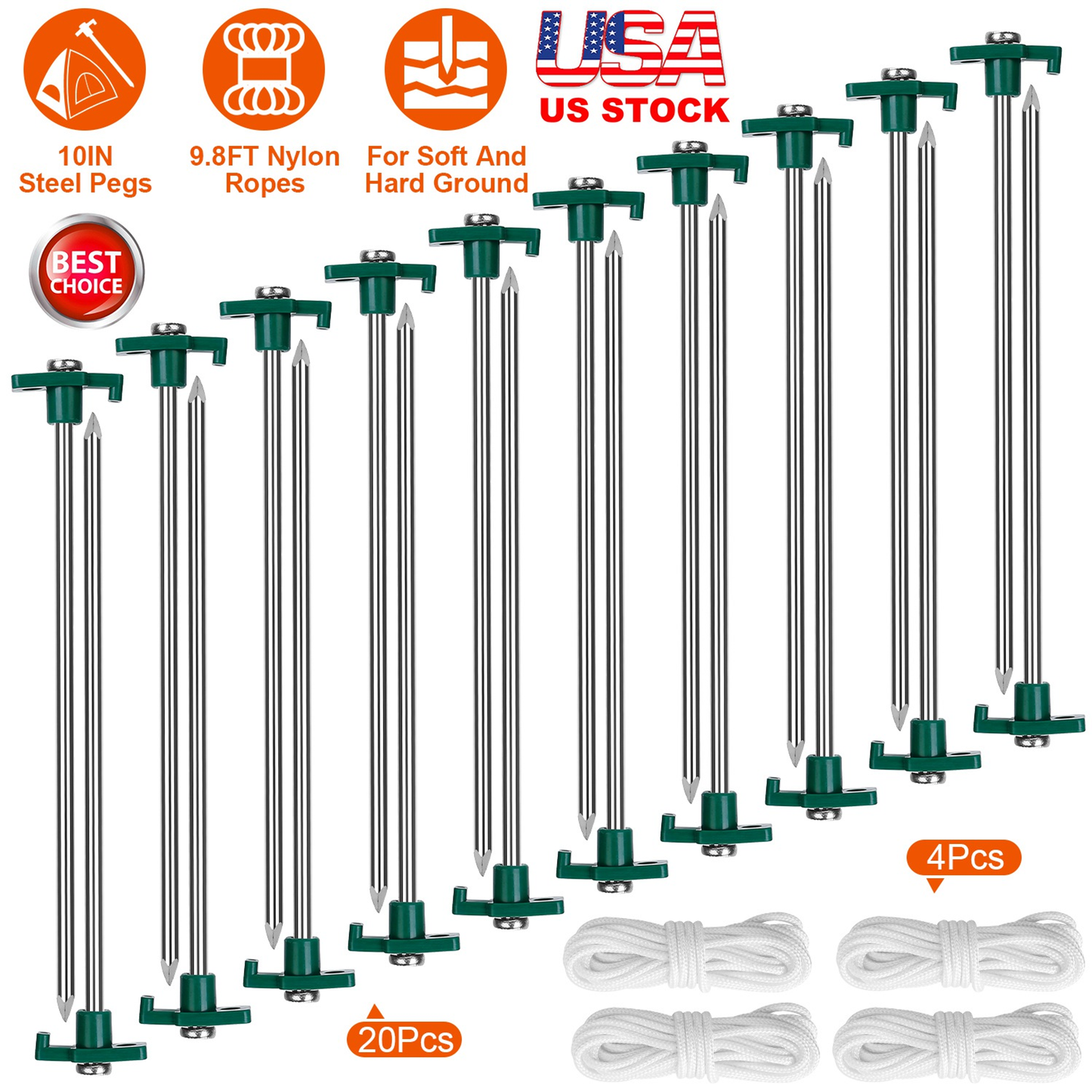 Tent Stakes and Wind Ropes Set (20 Stakes)