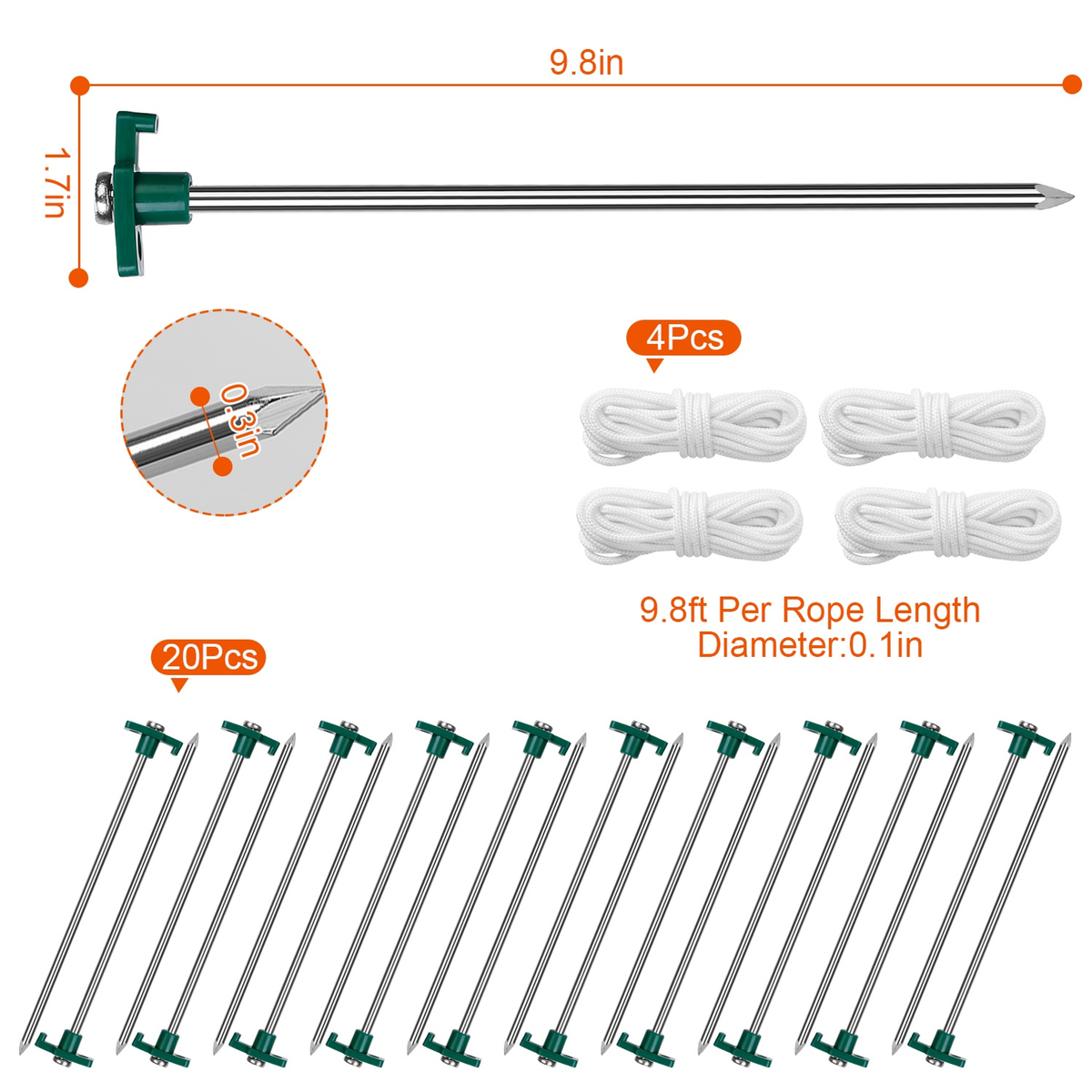 Tent Stakes and Wind Ropes Set (20 Stakes)