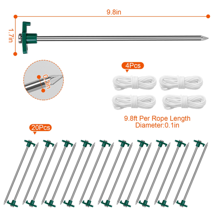 Tent Stakes and Wind Ropes Set (20 Stakes)