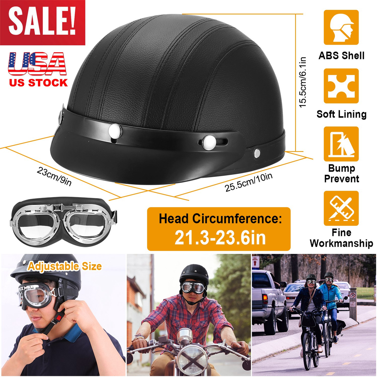 Open Face Motorcycle Half Helmet with Goggles