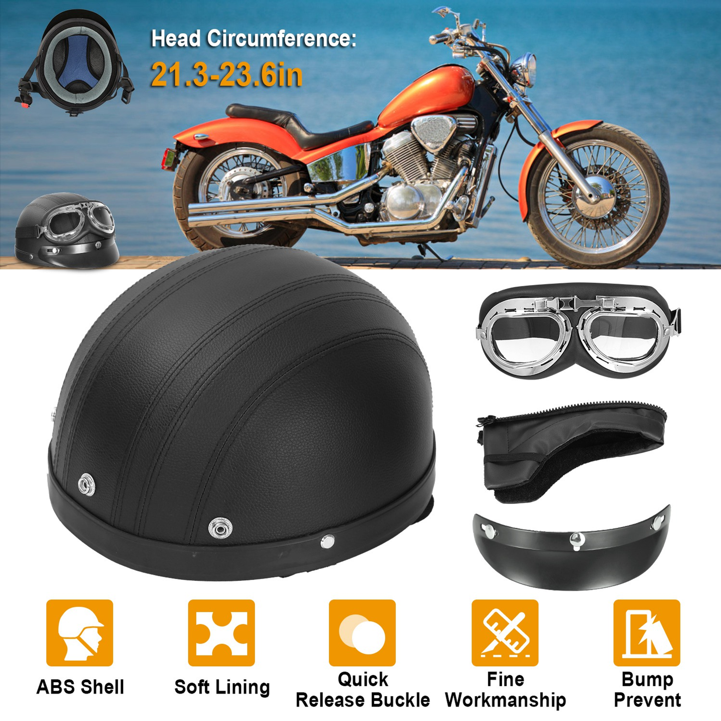 Open Face Motorcycle Half Helmet with Goggles