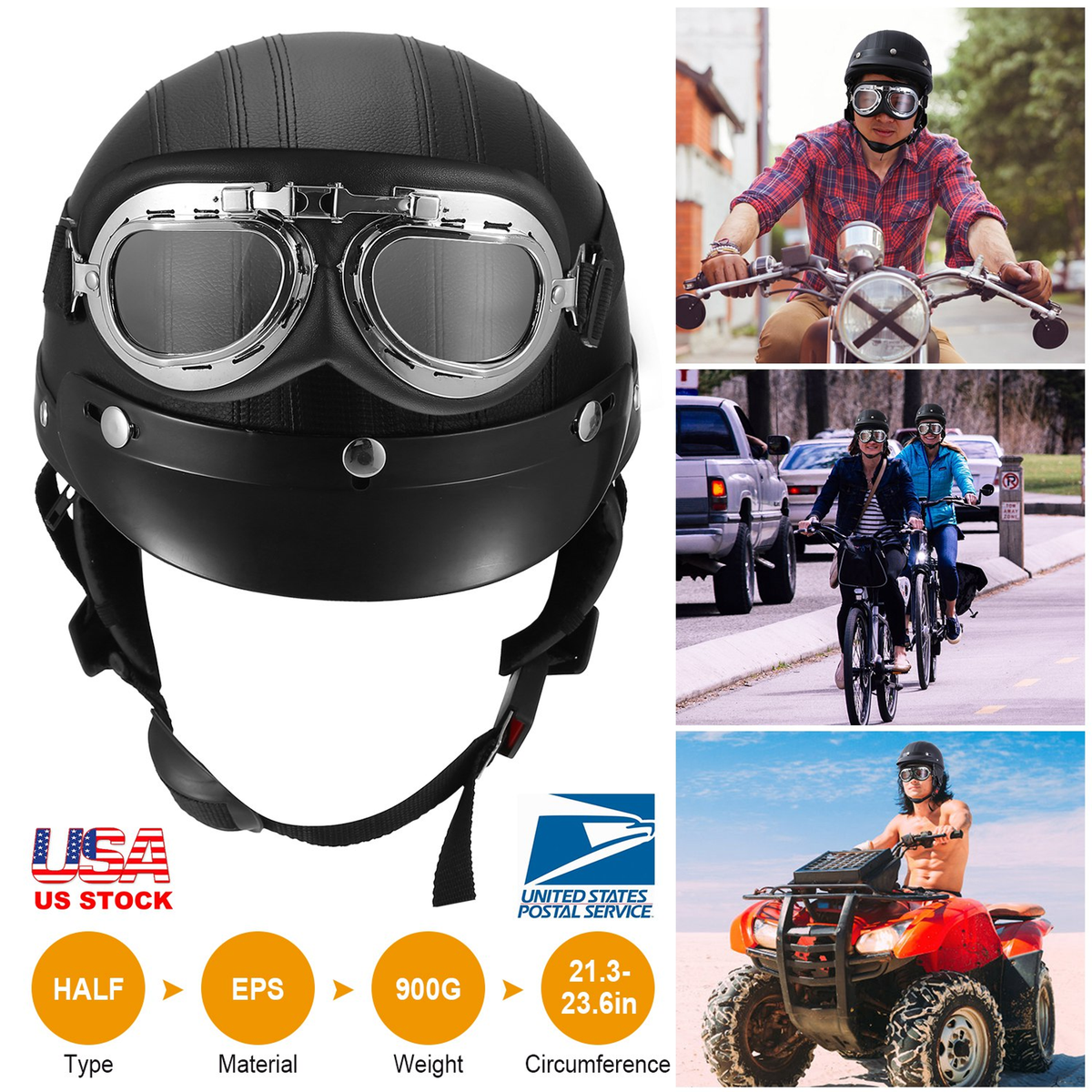 Open Face Motorcycle Half Helmet with Goggles
