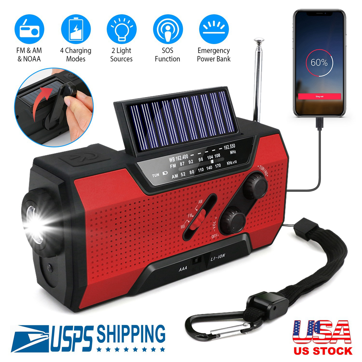 Emergency Solar Hand Crank Weather Radio Flashlight