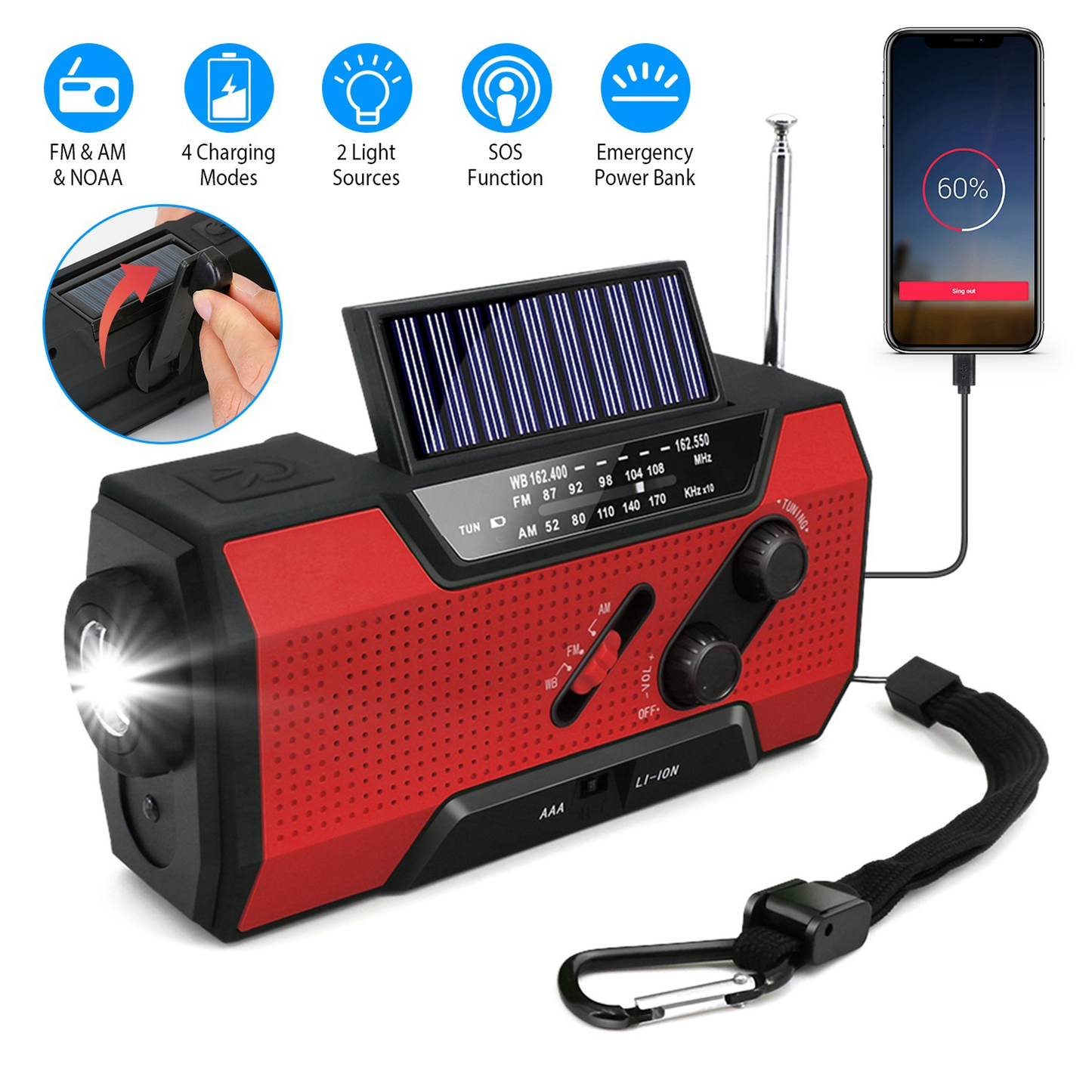 Emergency Solar Hand Crank Weather Radio Flashlight