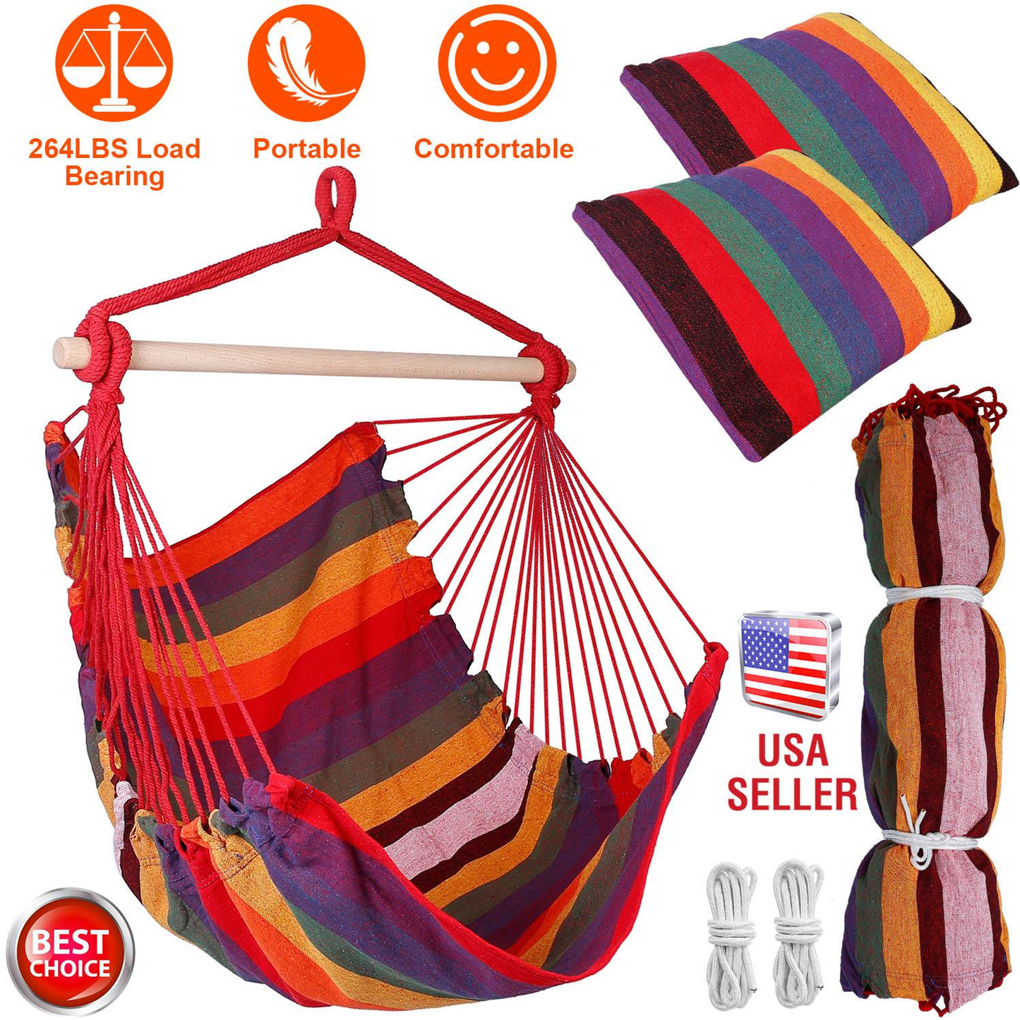 Canvas Hammock Hanging Chair Porch and Patio Swing Seat