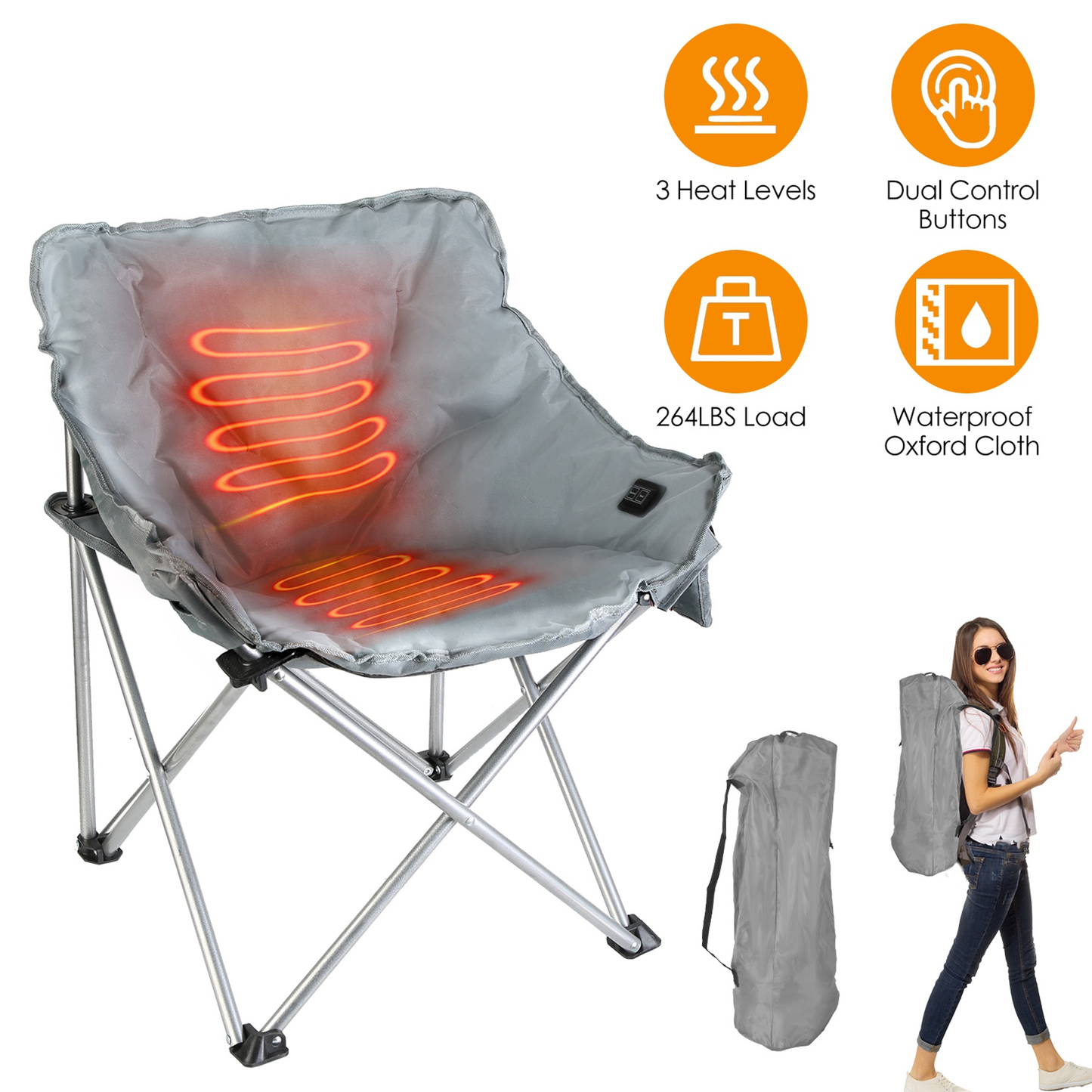 Heated Camping Chair with Carrying Bag, Grey