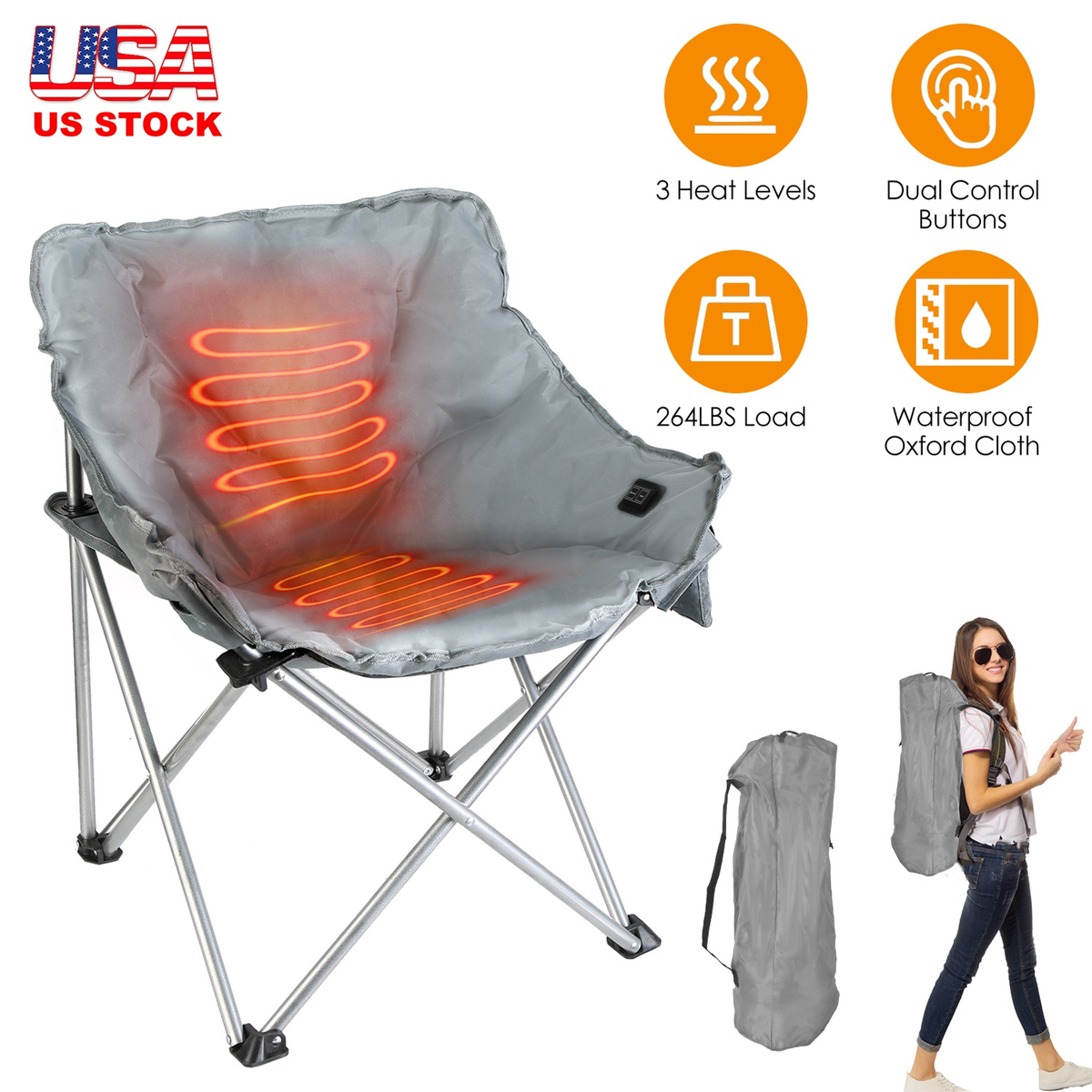 Heated Camping Chair with Carrying Bag, Grey