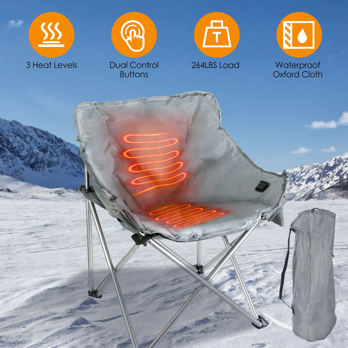 Heated Camping Chair with Carrying Bag, Grey