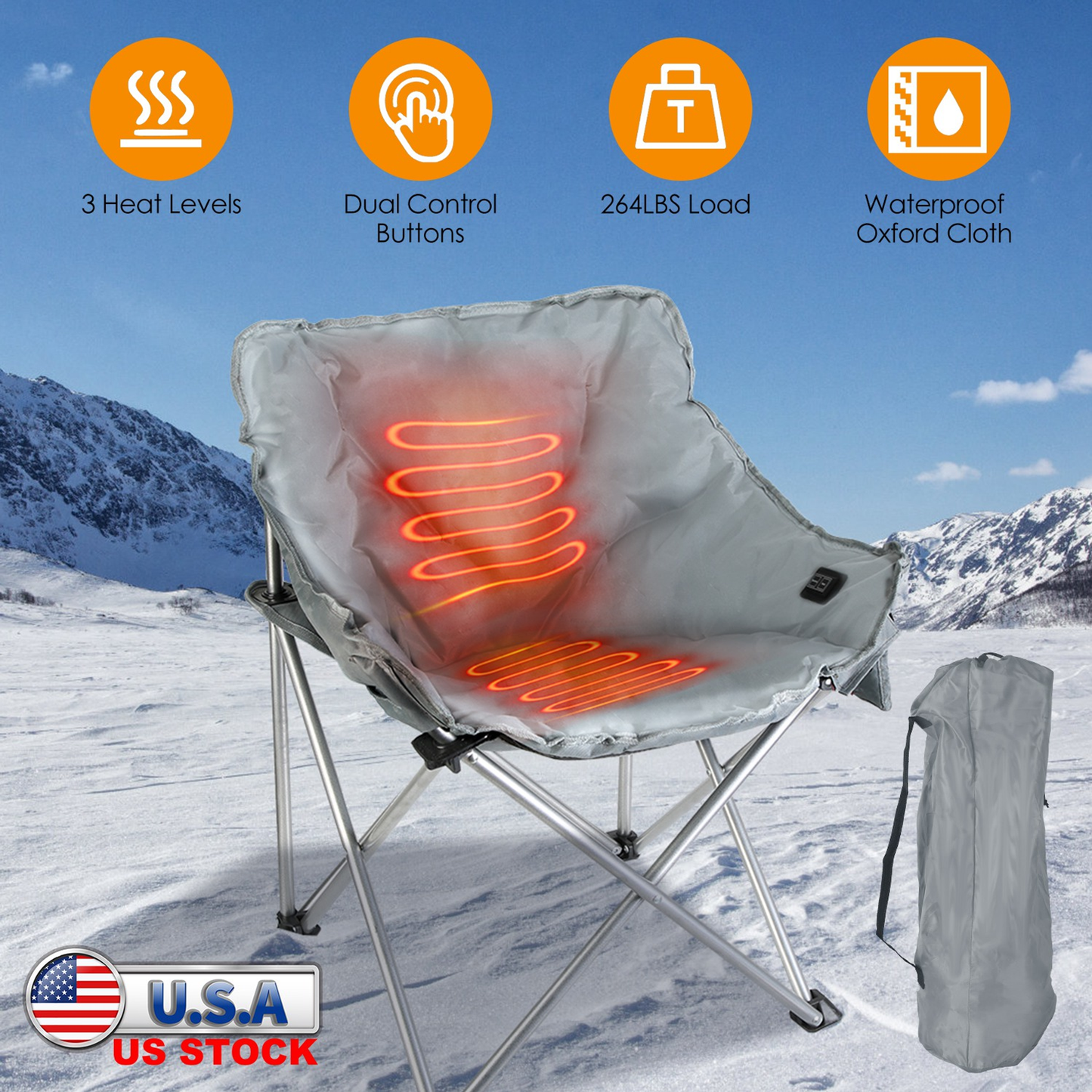 Heated Camping Chair with Carrying Bag, Grey