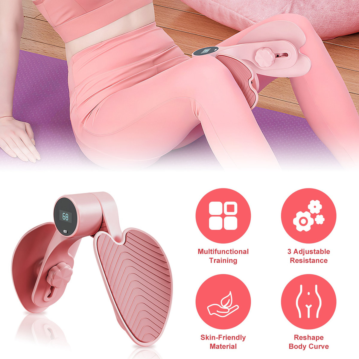 Thigh Exerciser Hip Trainer, 3 Resistance Levels, Pink