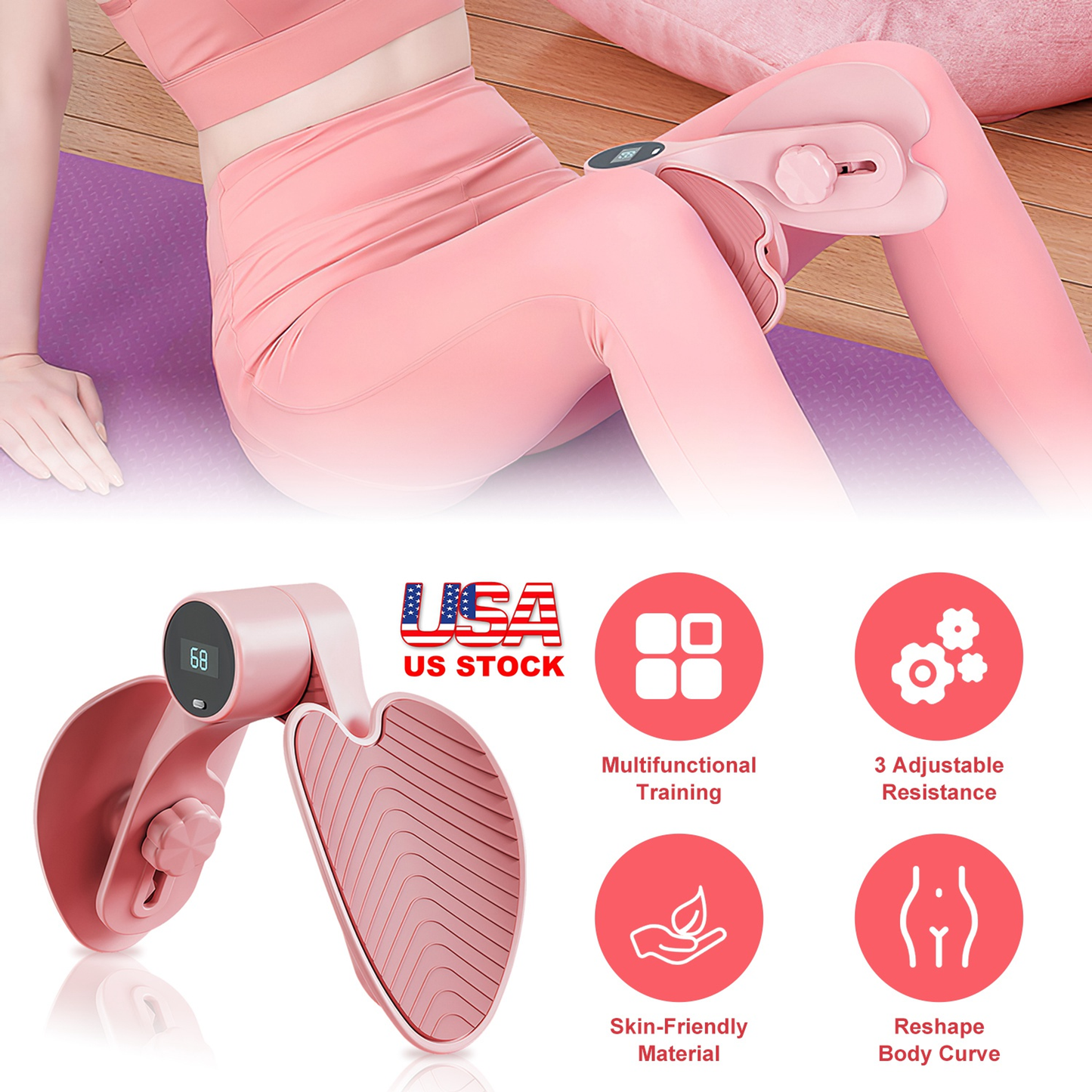 Thigh Exerciser Hip Trainer, 3 Resistance Levels, Pink
