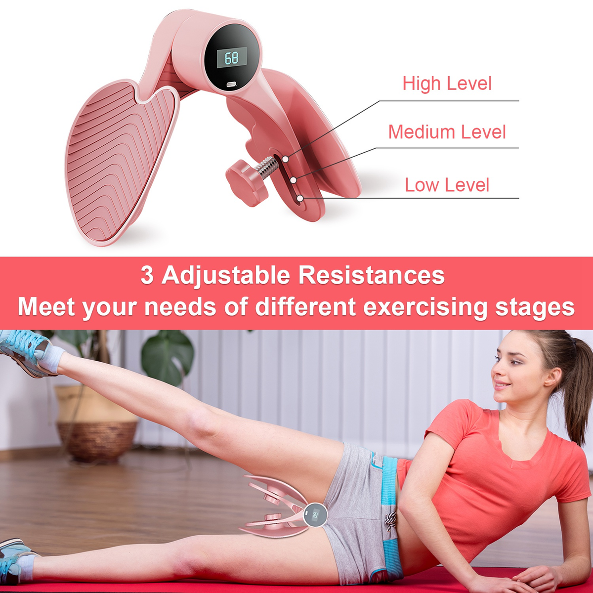 Thigh Exerciser Hip Trainer, 3 Resistance Levels, Pink