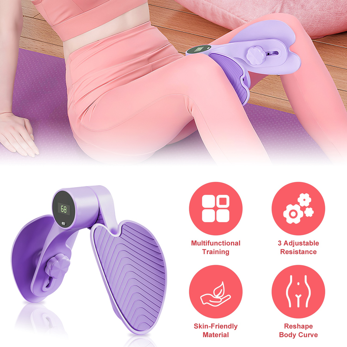 Thigh Exerciser Hip Trainer, 3 Resistance Levels, Pink