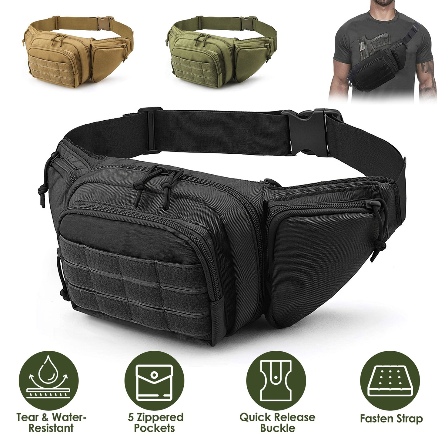 Tactical Fanny Pack Concealed Carry Bag, Black
