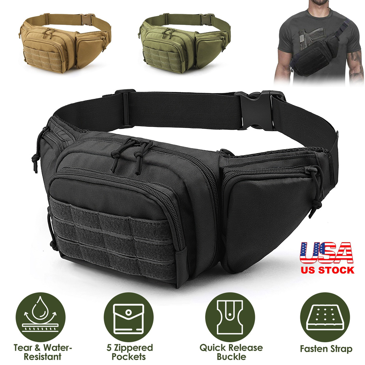 Tactical Fanny Pack Concealed Carry Bag, Black