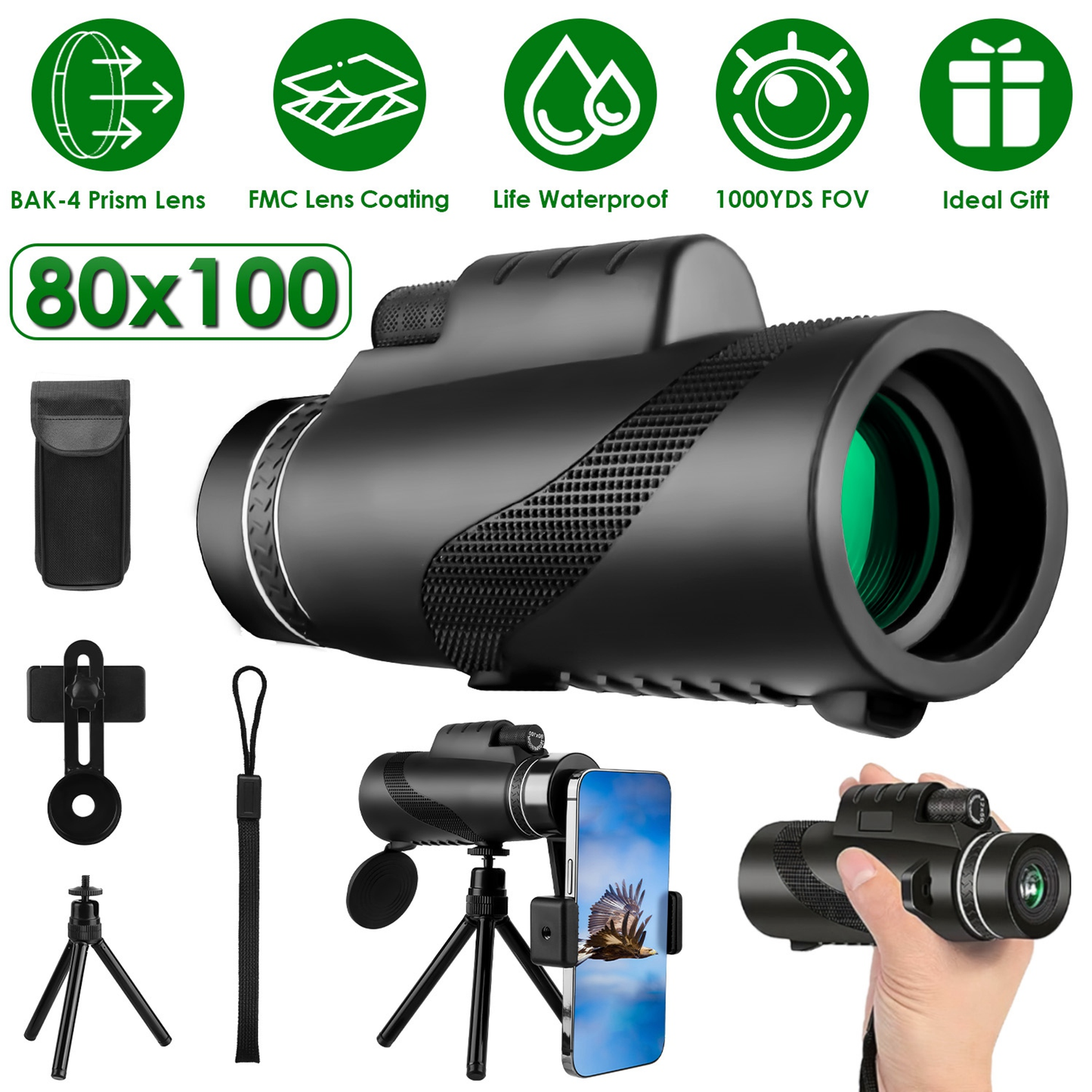 80x100 HD Monocular Telescope with BAK-4 Prism