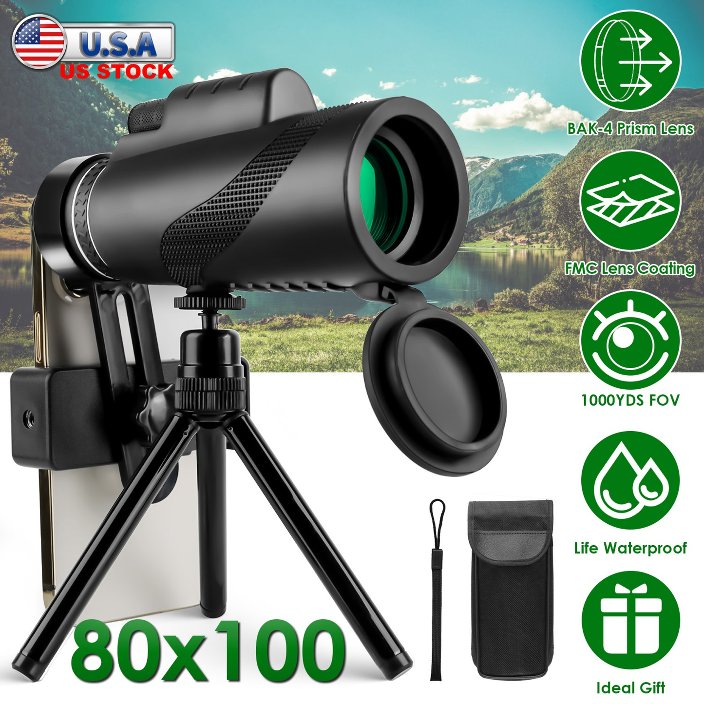 80x100 HD Monocular Telescope with BAK-4 Prism