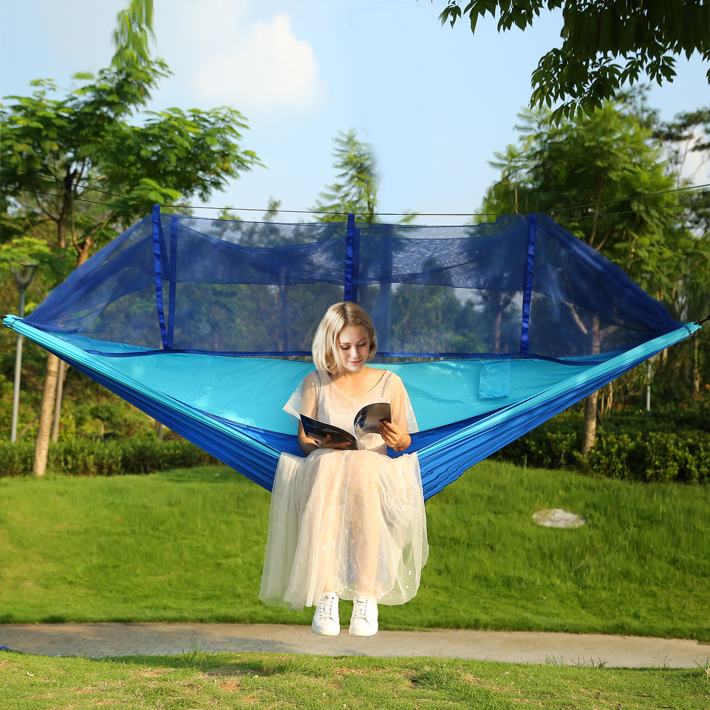 2-Person Camping Hammock with Mosquito Net, Blue