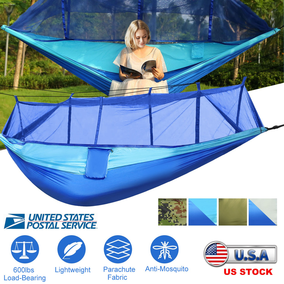 2-Person Camping Hammock with Mosquito Net, Blue