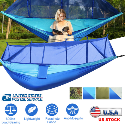 2-Person Camping Hammock with Mosquito Net, Blue