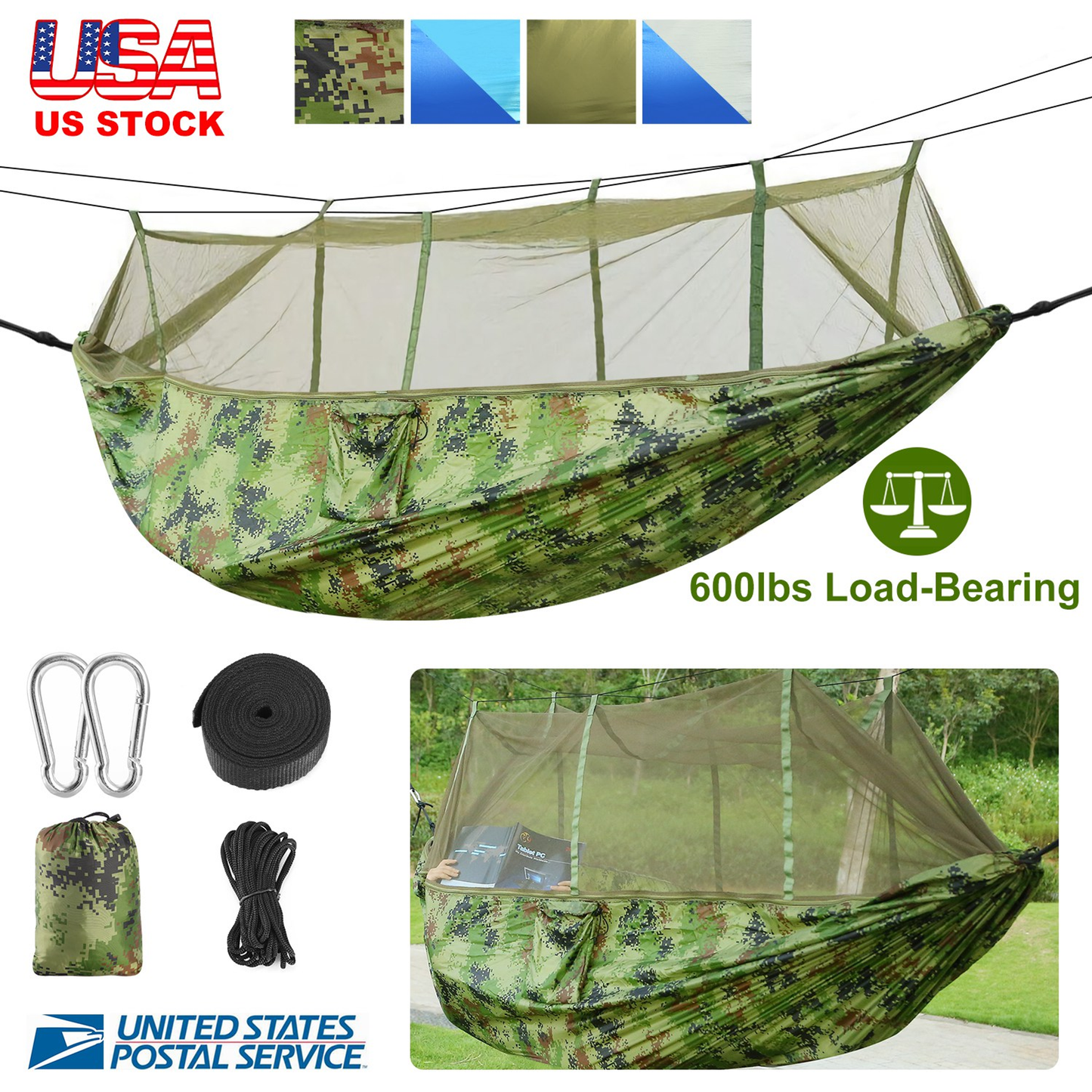 2-Person Camping Hammock with Mosquito Net, 600 lb Load