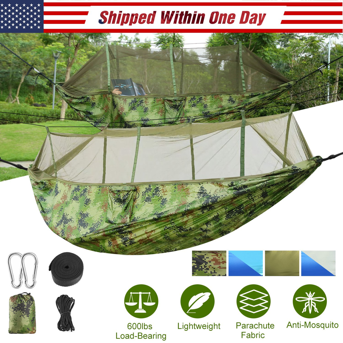 2-Person Camping Hammock with Mosquito Net, 600 lb Load