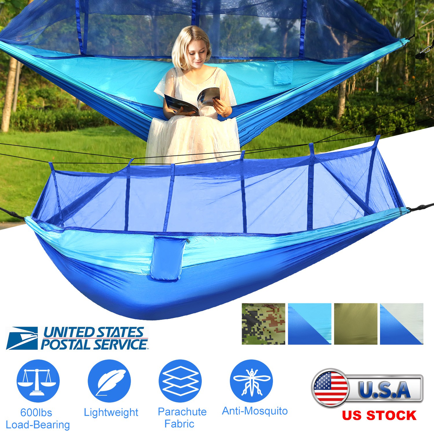 2-Person Camping Hammock with Mosquito Net, 600 lb Load