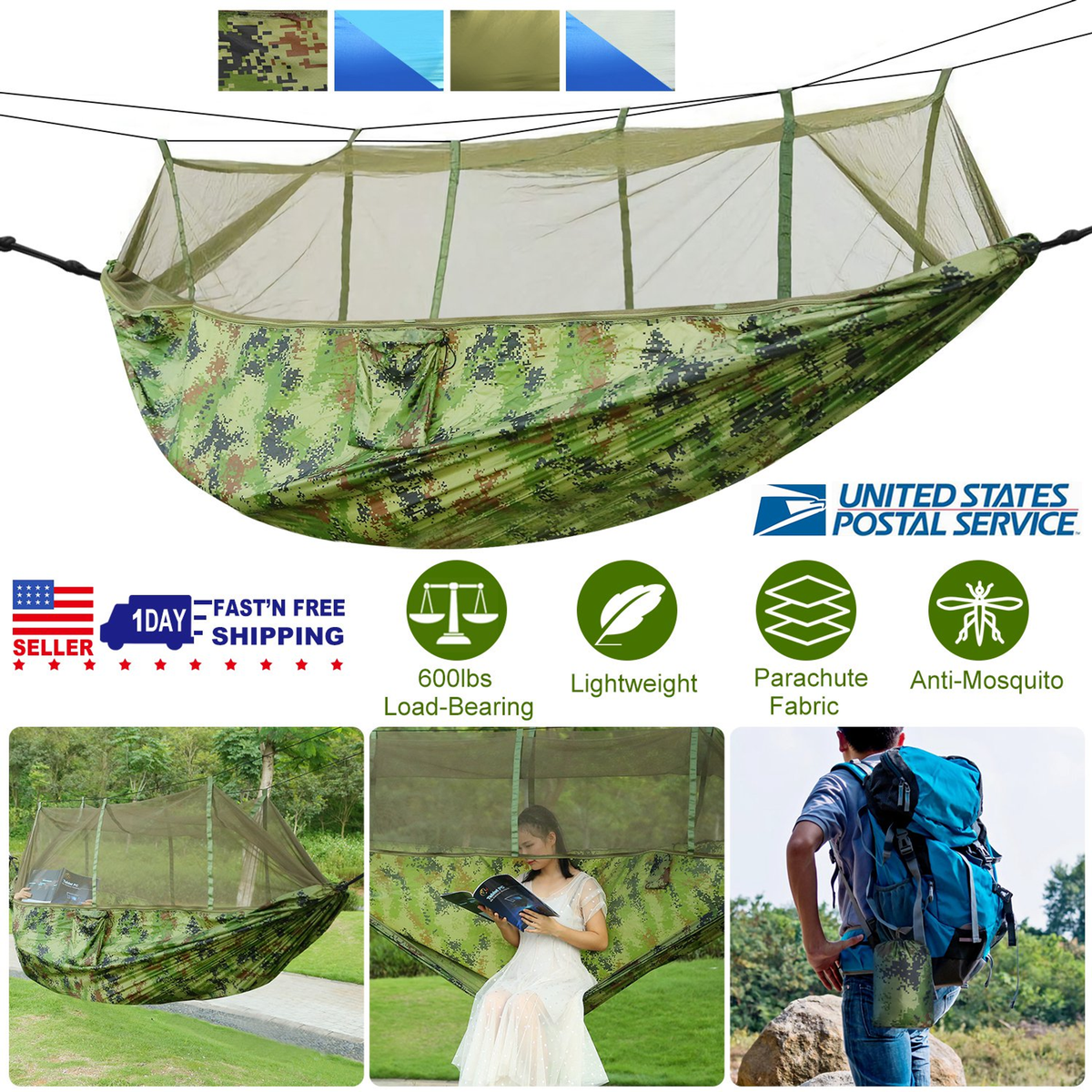 2-Person Camping Hammock with Mosquito Net, 600 lb Load
