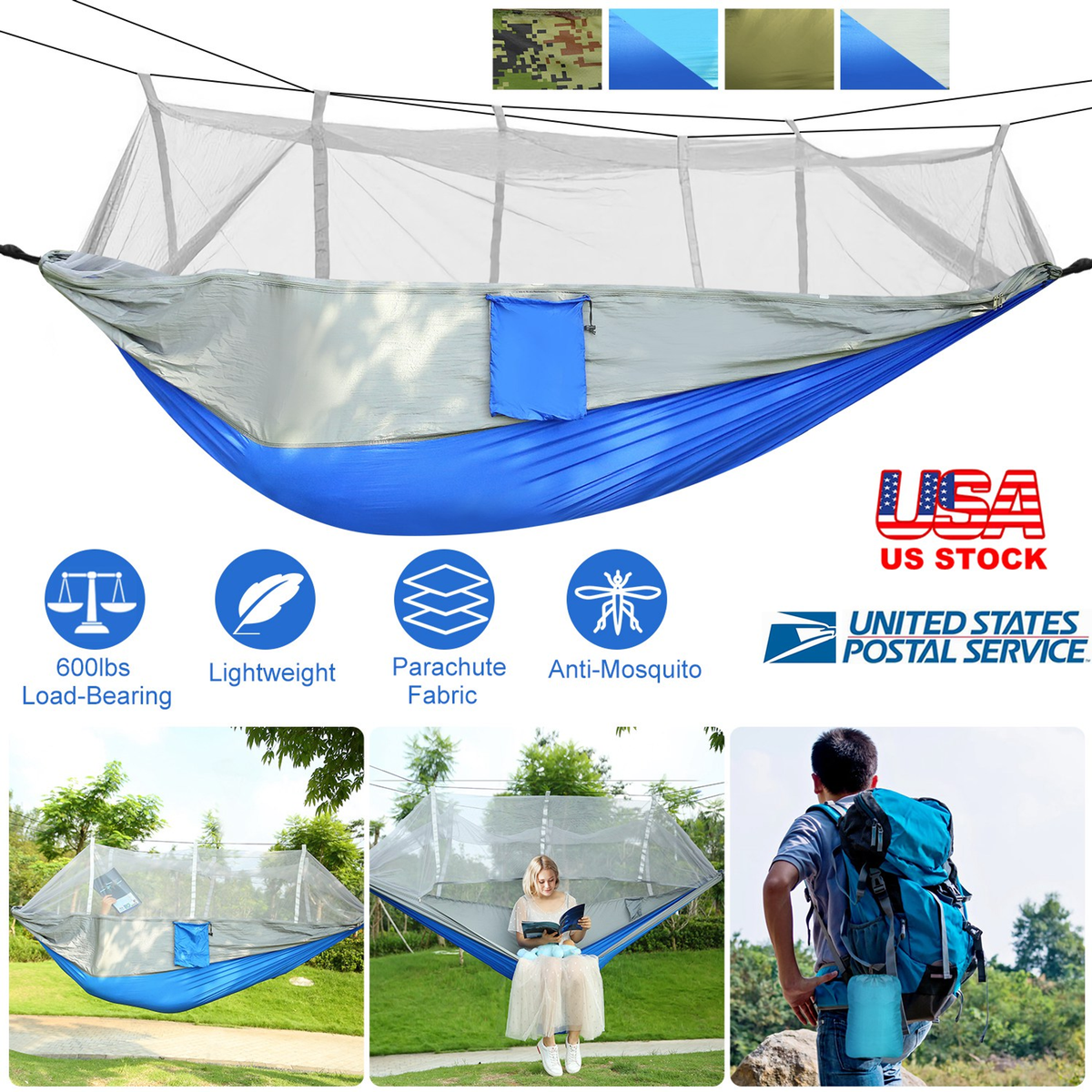 2-Person Camping Hammock with Mosquito Net, 600 lb Load