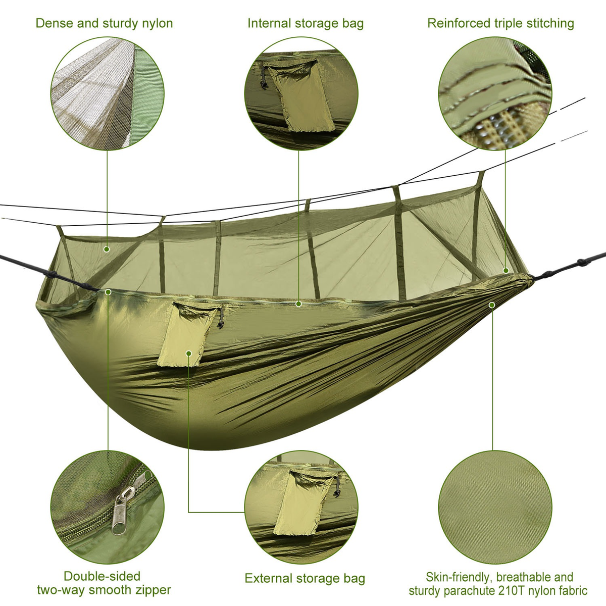 2-Person Camping Hammock with Mosquito Net, Green