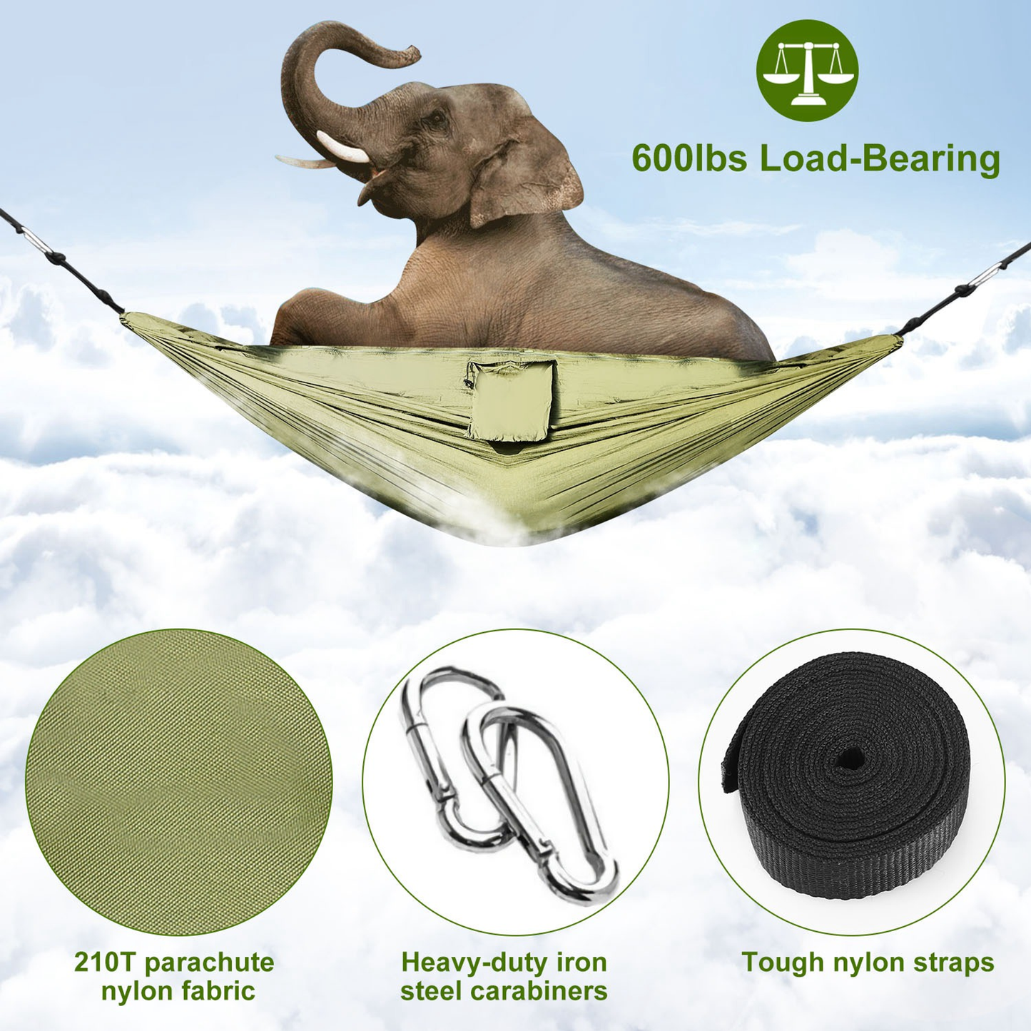 2-Person Camping Hammock with Mosquito Net, Green