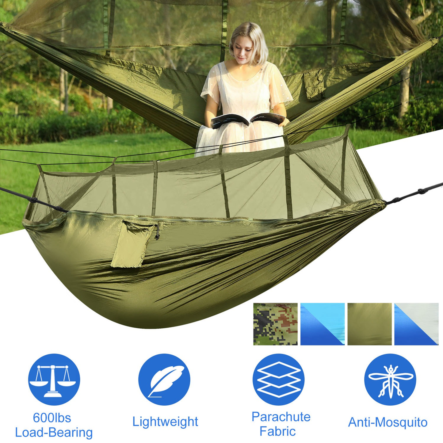 2-Person Camping Hammock with Mosquito Net, Green