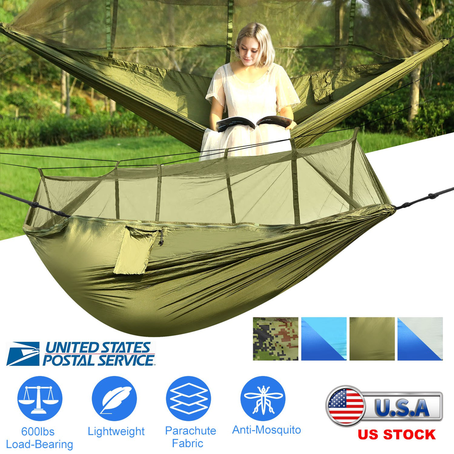 2-Person Camping Hammock with Mosquito Net, Green