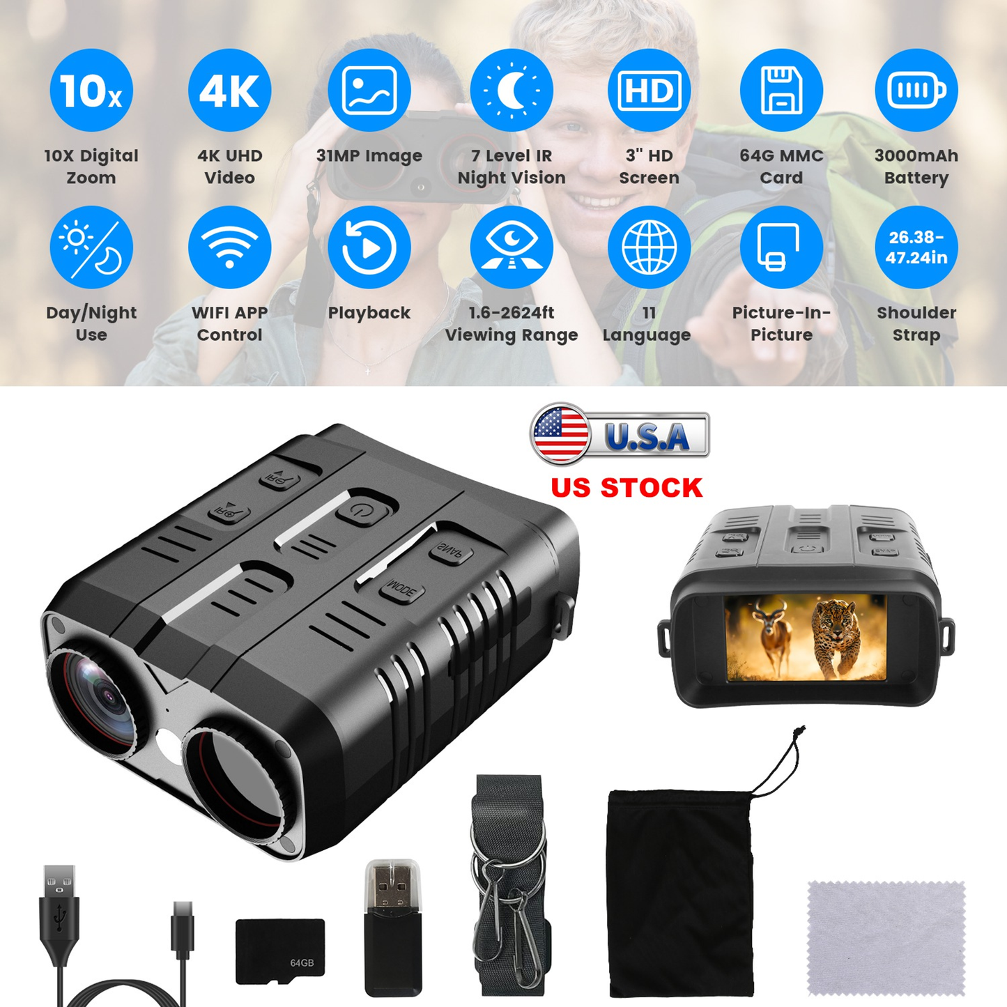 4K Full-Color Night Vision Goggles with 10X Zoom