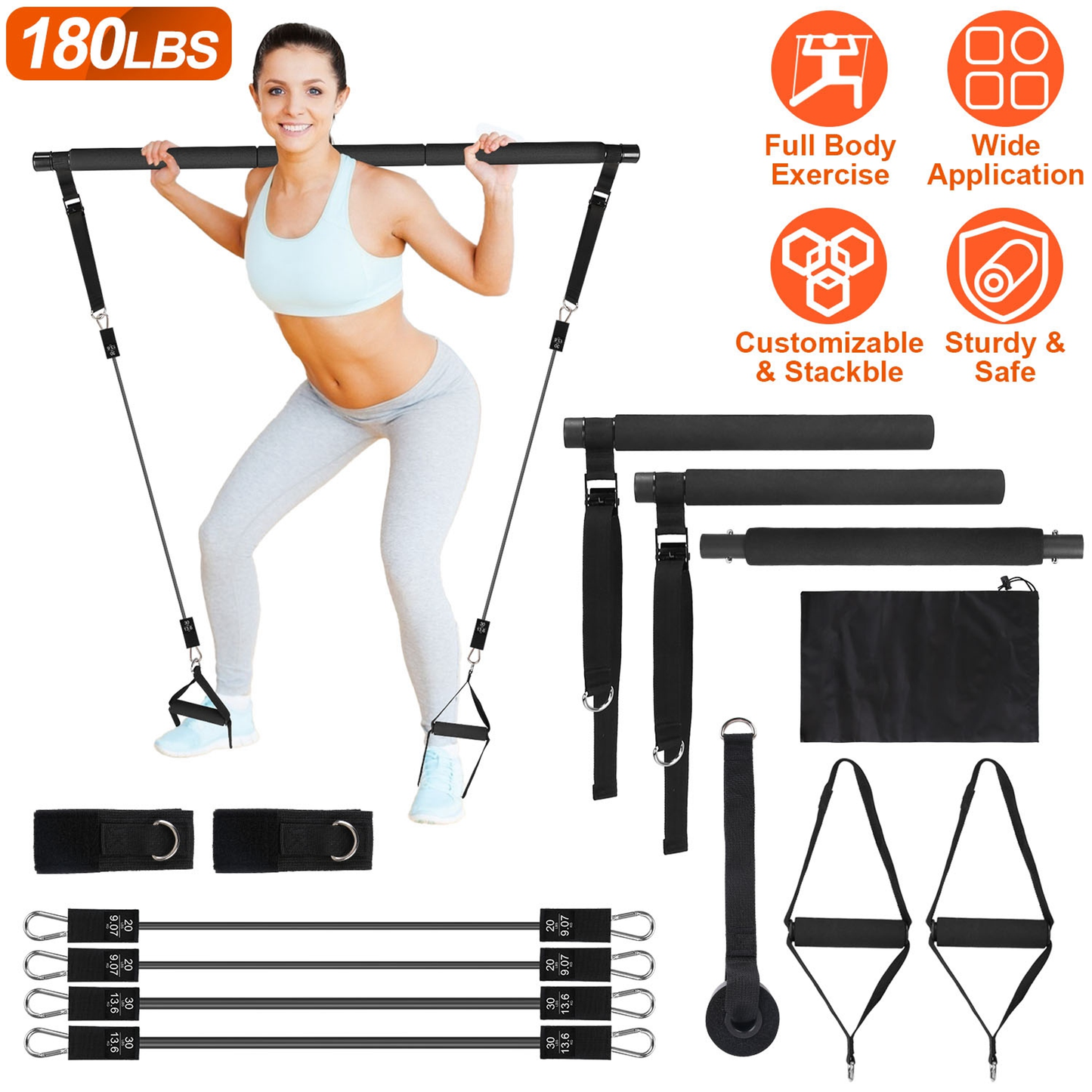 Pilates Bar Kit with 4 Resistance Bands, 100 lb
