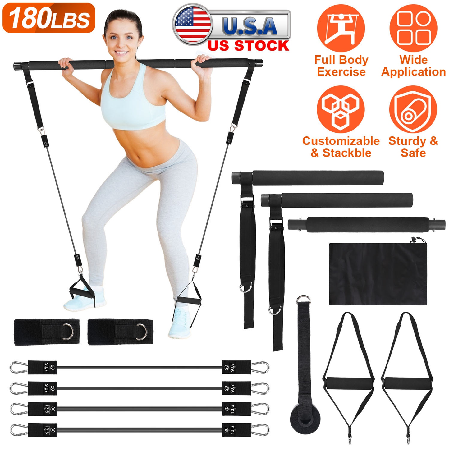 Pilates Bar Kit with 4 Resistance Bands, 100 lb