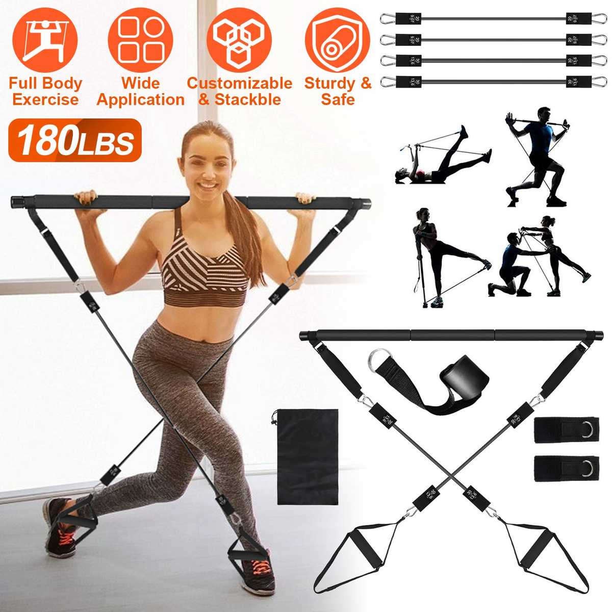 Pilates Bar Kit with 4 Resistance Bands, 100 lb